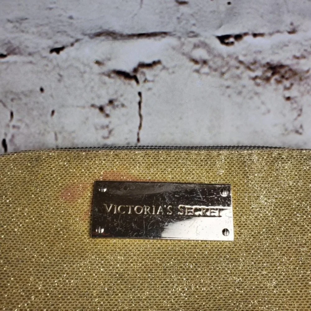 Victorias Secret Gold Sparkle Makeup Bag Travel Cosmetic Zip Bag Small Organizer